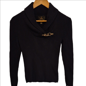 Ralph Lauren Black Label Shawl Collar Ribbed Cotton Sweater With Gold Clasp
